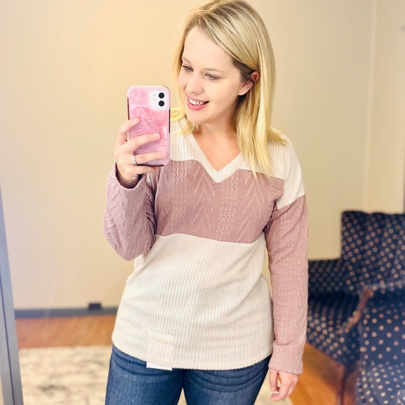And The Why Printed Color Block Hooded Waffle Top